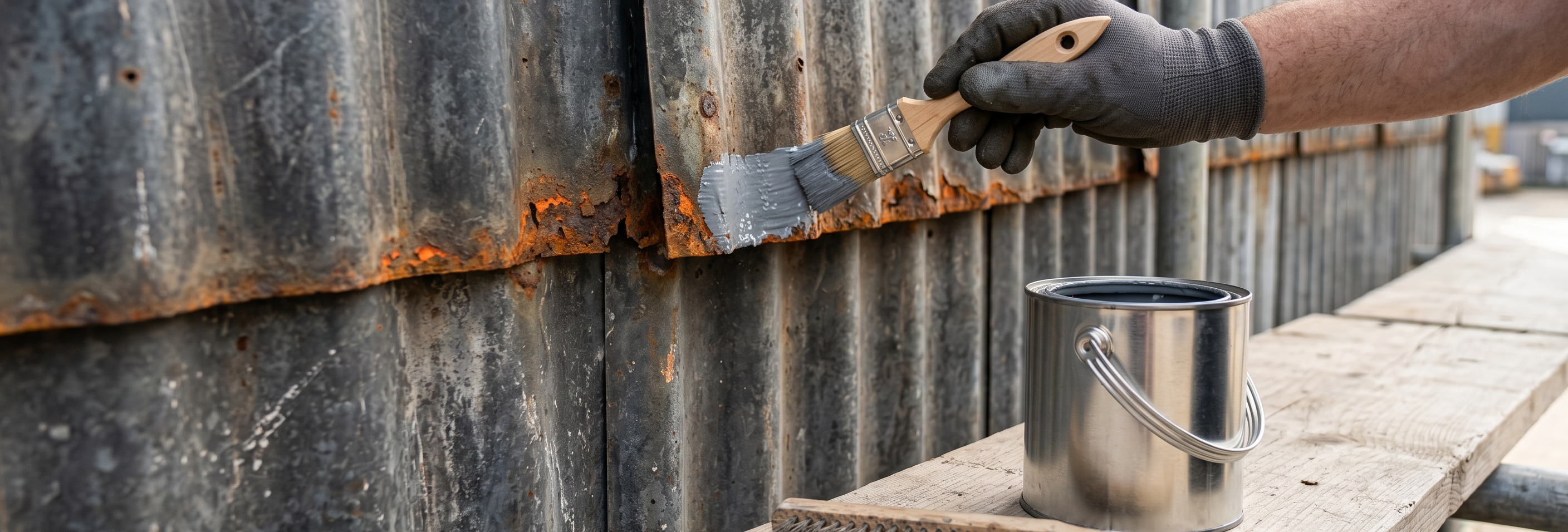 Close-up of industrial cladding showing the professional treatment of rusted edges on a corrugated iron warehouse.