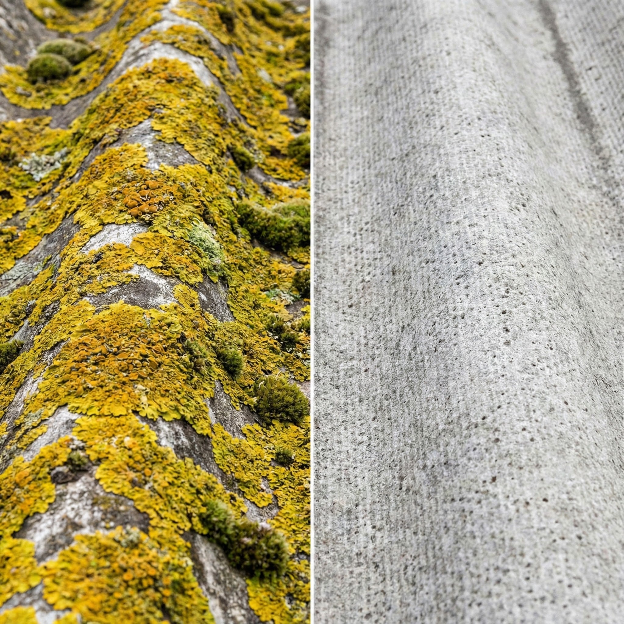 Close-up of a textured surface with yellow lichen on the left and a smooth gray surface on the right.