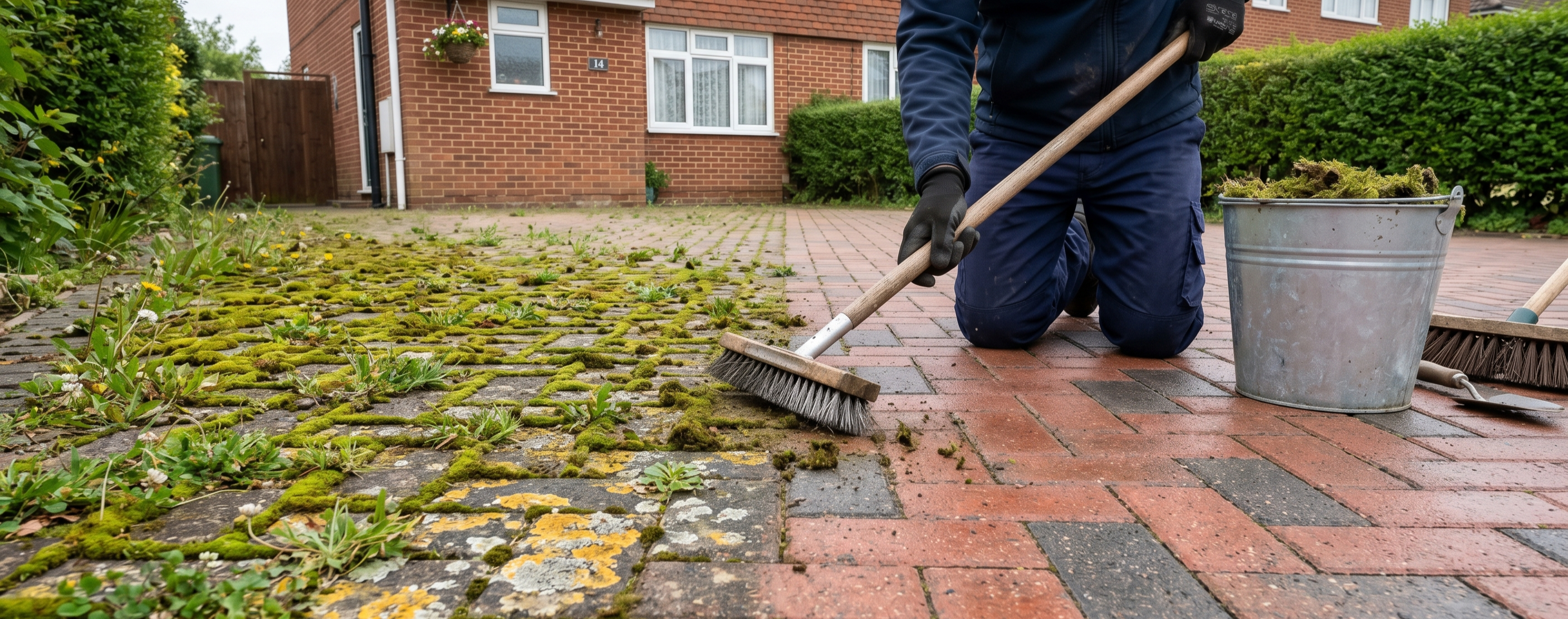 A visual comparison of a mossy, weed-infested block paving driveway next to a freshly cleaned section in the UK.