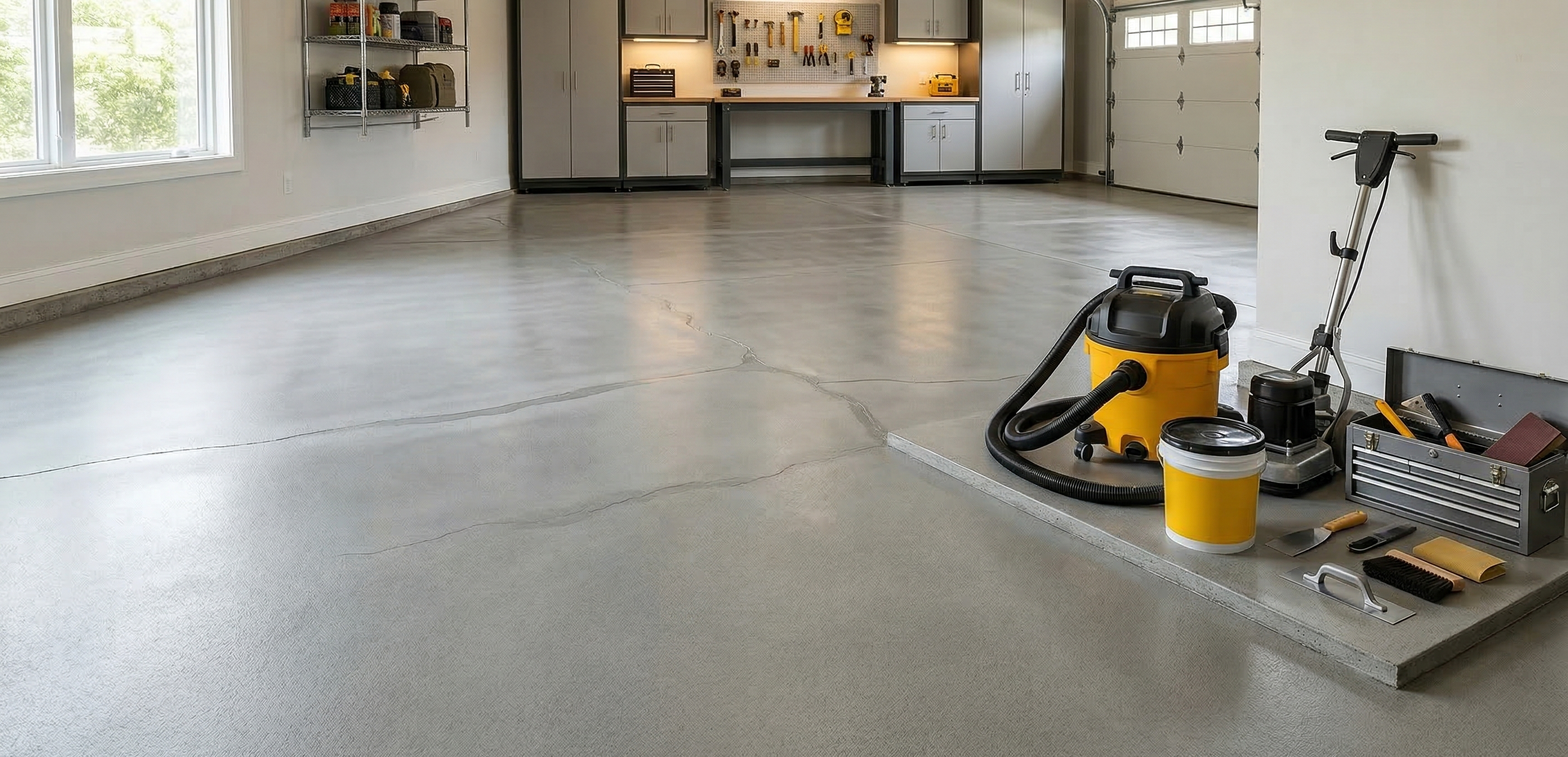A fully prepped and patched concrete garage floor ready for epoxy coating application.