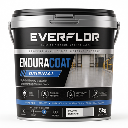 A 5kg bucket of Everflor Enduracoat Original floor coating, featuring a black and silver container with a label showing a light grey coated floor and product features.