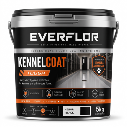 A 5kg bucket of Everflor Kennel Coat Tough floor coating, shown on a clean white background. The packaging is black and silver with orange accents, featuring product details and a hallway floor graphic.
