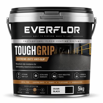 A 5kg bucket of Everflor ToughGrip Extreme-Duty Anti-Slip floor coating, shown on a clean white background. The bucket is black with a silver metal rim and handle, and the label features black, white, and orange text.
