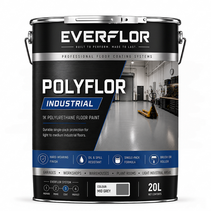 A 20L can of Everflor Polyflor Industrial floor paint in 'Mid Grey', featuring a black and silver label with blue accents and an industrial floor application photo.