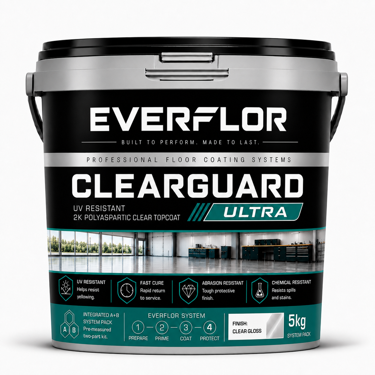A 5kg bucket of Everflor Clearguard Ultra 2K Polyurethane Clear Topcoat floor coating, featuring a black and silver container with a teal and white label.