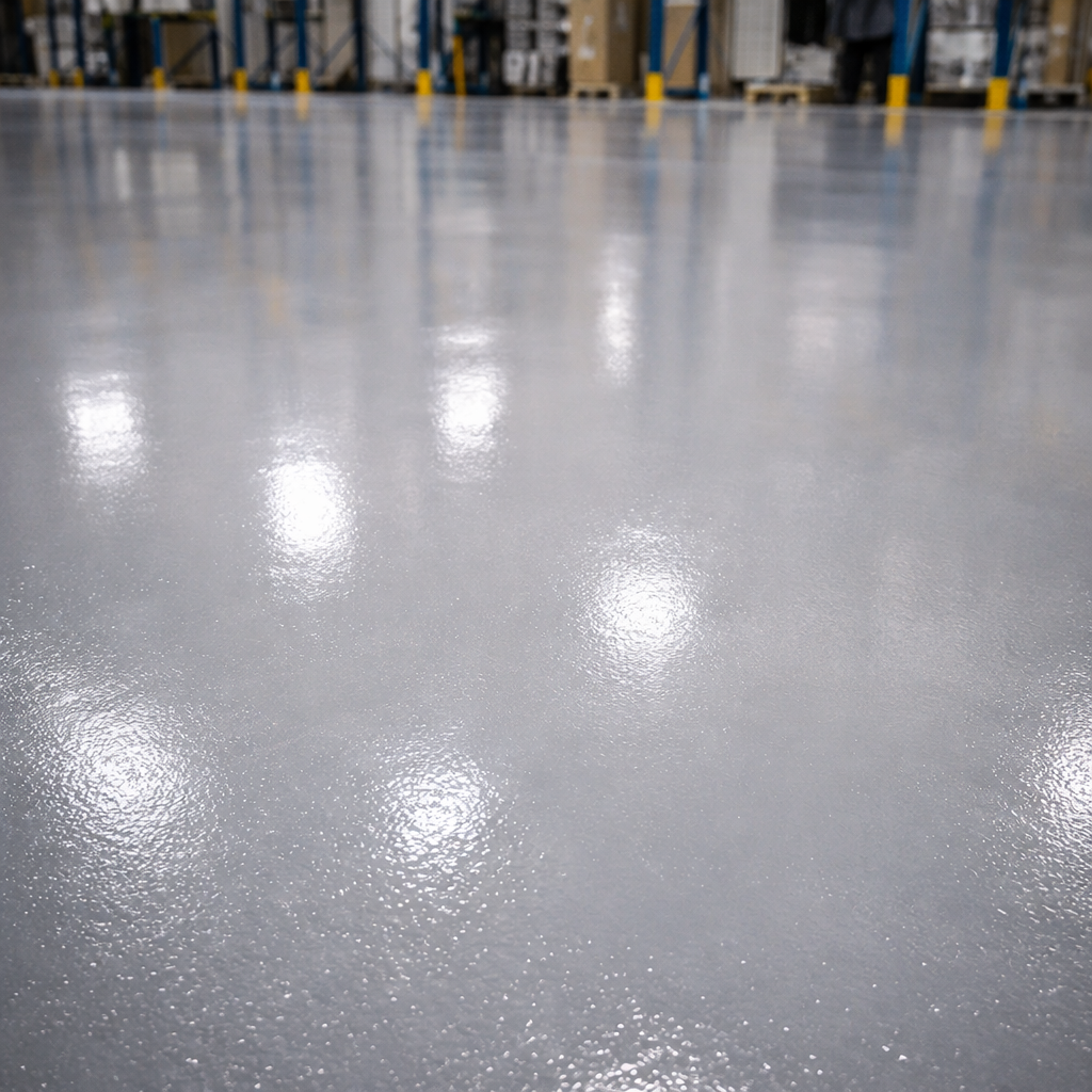 Shiny gray floor in a warehouse with reflective surface