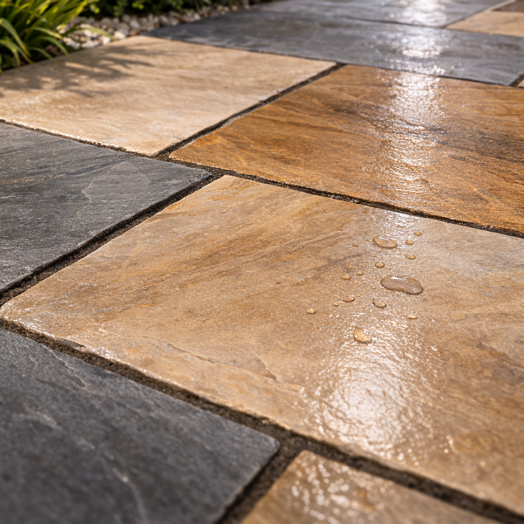 Close-up of a stone patio with a pattern of interlocking stones.