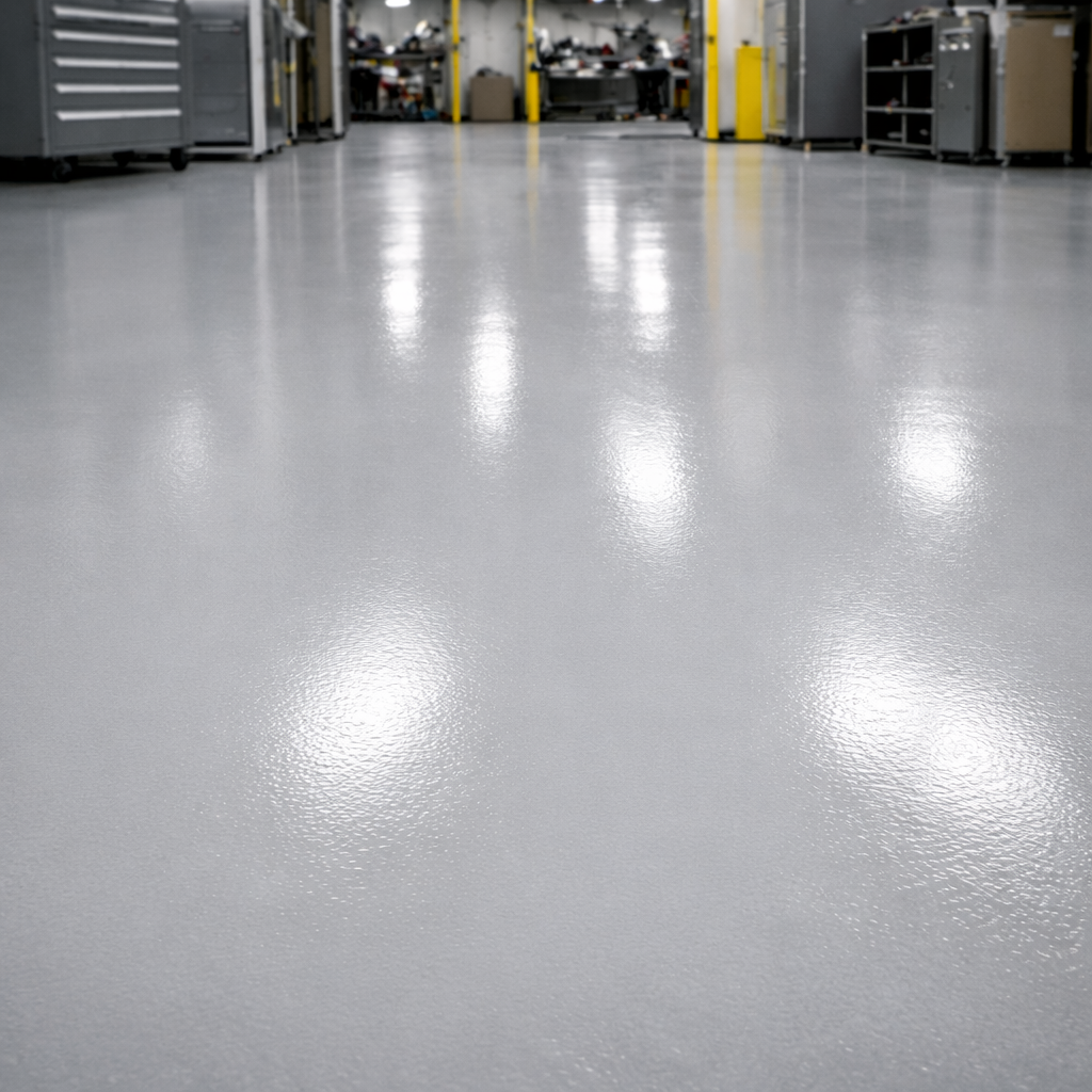 Shiny gray floor in a warehouse setting with equipment in the background