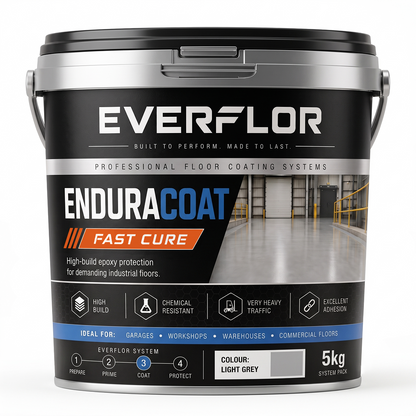 A 5kg bucket of Everflor EnduraCoat Fast Cure floor coating system, shown on a clean white background. The product packaging is a black and silver plastic bucket with a detailed label featuring the brand name, product name, and application icons.