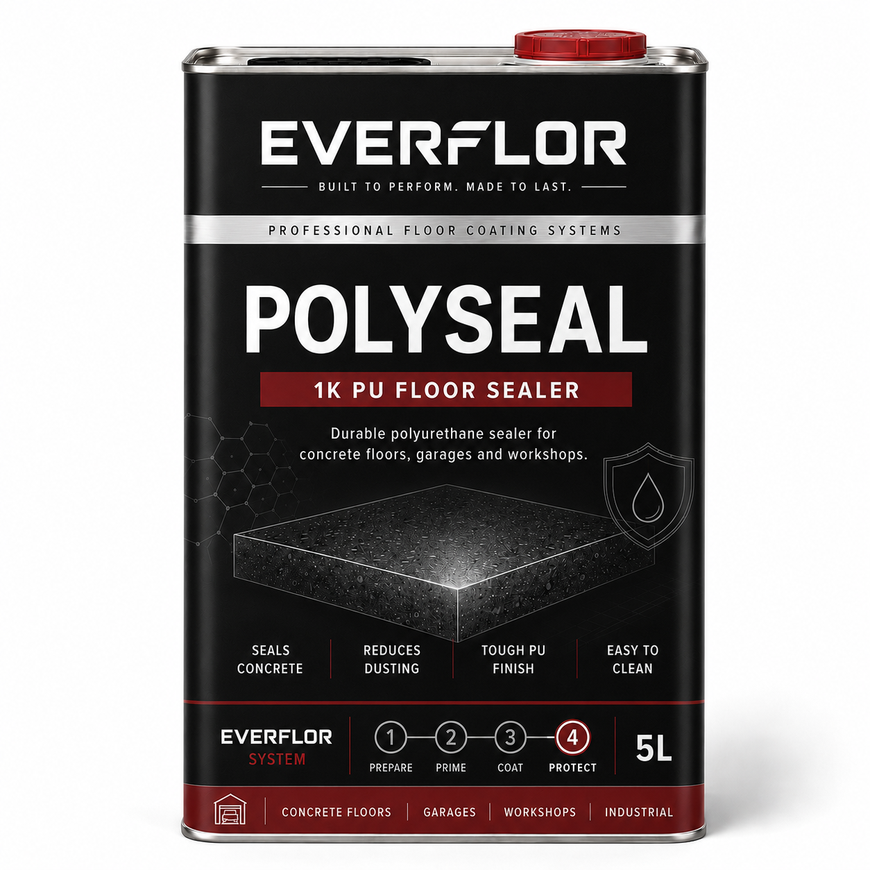 A 5L can of Everflor Polyseal 1K PU Floor Sealer, featuring a black label with white and red text and a red cap, set against a plain white background.