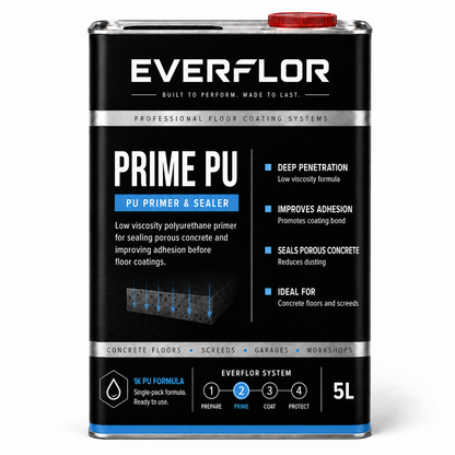 A 5L metal can of Everflor Prime PU PU Primer & Sealer, a professional floor coating system. The canister is black with a red cap, featuring white and blue text and graphics detailing its deep penetration and concrete sealing properties.